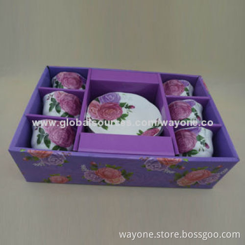 6-set 90cc Coffee Cup and Saucer in Printed Gift Box, Cut Edge, Rose Flower, for Gifts and Promotion